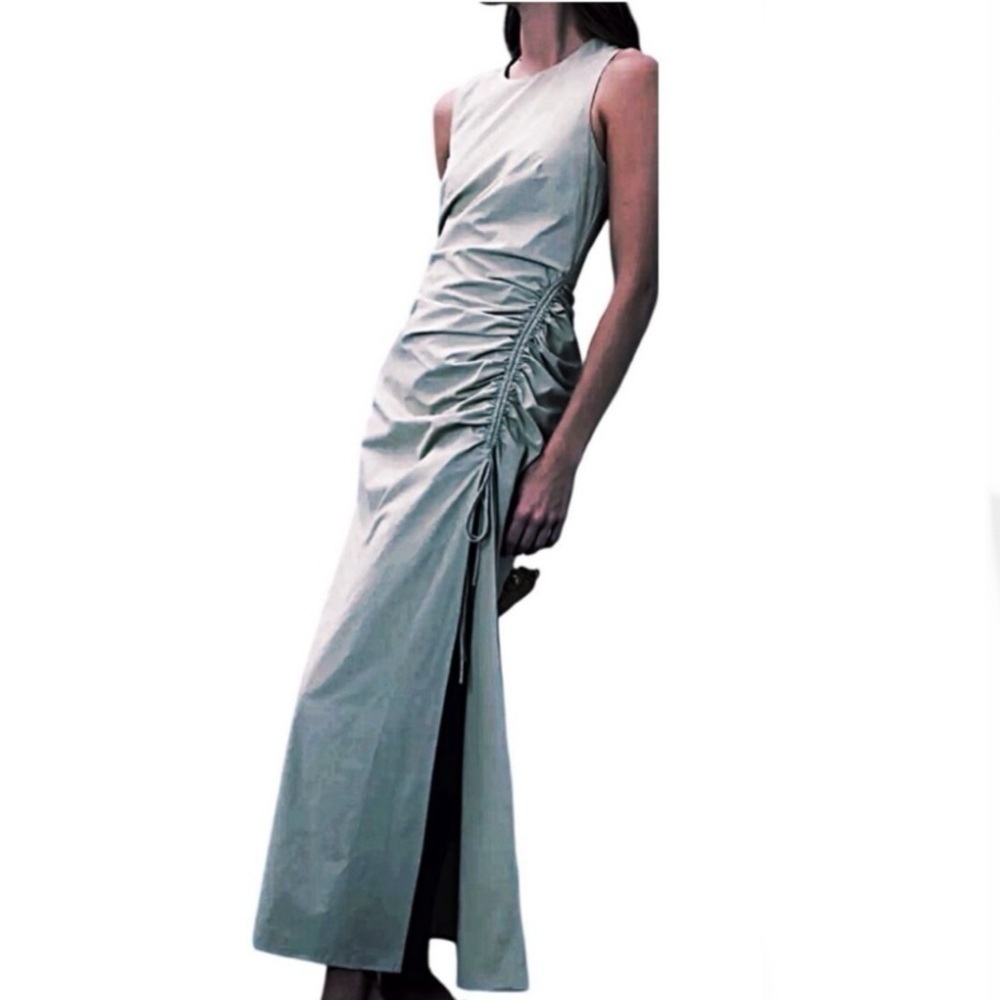 House of Harlow 1960 Silver Gray Sleeveless Satin Ruched MIDI Dress